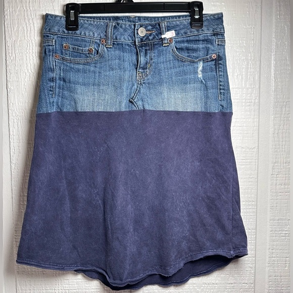 Denim and blue Skirt up cycle light acid wash distressed handmade - Picture 1 of 5